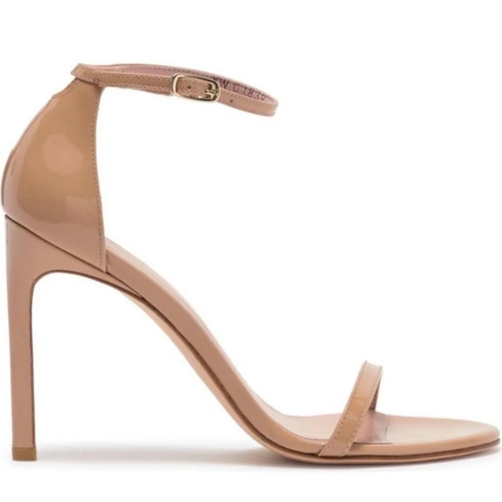 Stuart Weitzman Tan Patent Leather Nudistong Ankle Strap Heel